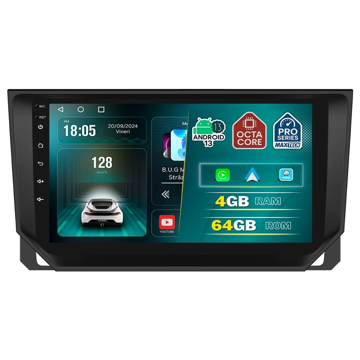 Navigatie Seat Ibiza 2008–2017, MaxTech® PRO SERIES, 4 GB Ram 64 GB Rom OctaCore, Carplay & Android auto, Ecran 9 ” HD Touch, GPS, Wifi, Bluetooth, Radio, USB, EQ, DSP
