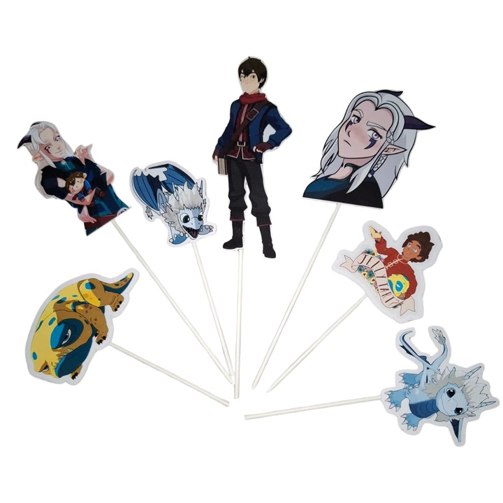Decoratiune topper tort carton, tematica Printul Dragonului (The Dragon Prince), aniversare - 7 piese