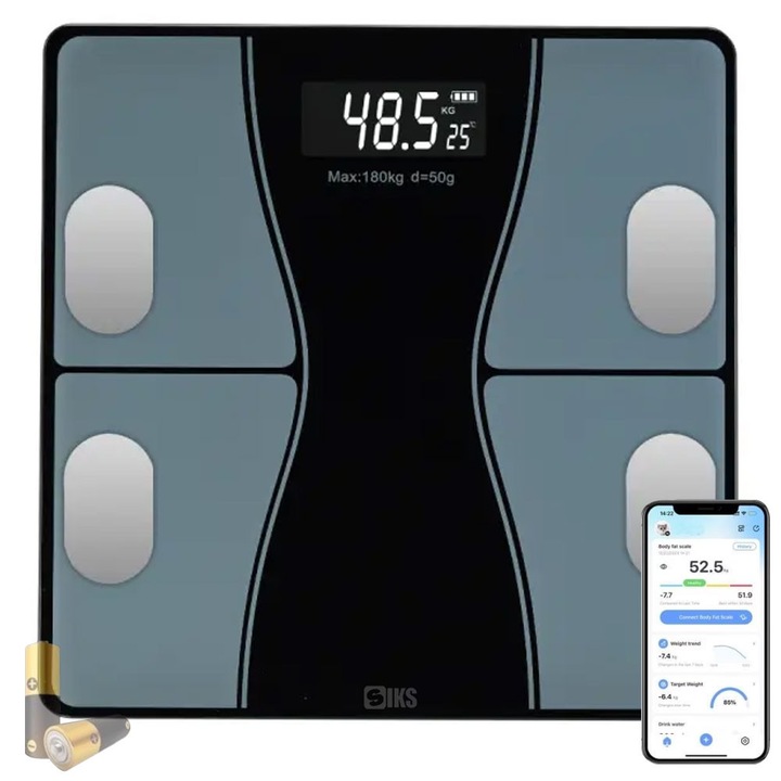 Електронен интелигентен кантар за баня SIKS с интелигентно приложение, телесен, цифров осветен екран, термометър, телесни индикатори, поддържа максимум 180 кг, батерии, ABJ17801, черен