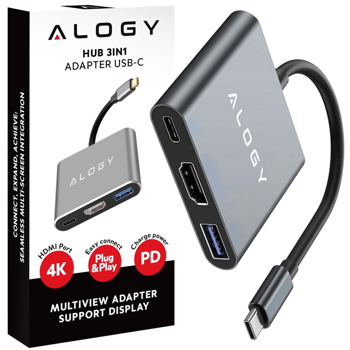 Adaptor HUB 3 in 1, USB-C, HDMI, USB-A, 4K, 60Hz, Alogy, 58x56x11mm, gri