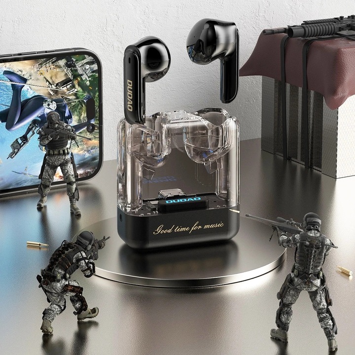 Dudao U18Pro vezeték nélküli fülhallgató, Bluetooth 5.3, átlátszó kialakítás, fekete, teljes készlet