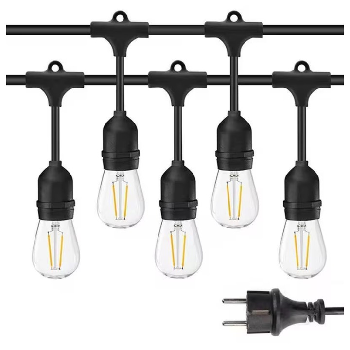 Ghirlanda luminoasa decorativa 5 metri cu 10 becuri filament E27, lumina calda relaxanta, cablu gros impermeabil IP65, conectabila, ideala pentru terasa, balcon, curte, nunti, petreceri, restaurante, efect estetic elegant + un bec de camping