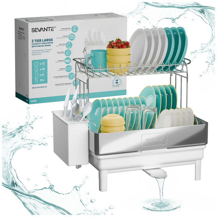 Scurgator uscator de vase de bucatarie cu doua niveluri, cu scurgere rotativa, alb – SEVANTE