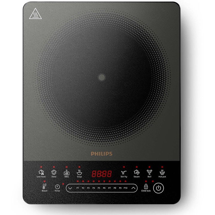 Philips HD5850/90 5000-es sorozatú indukciós főzőlap, 2000 W, 8 előre beállított program, 10 fűtési fokozat, Személyre szabott időzítő, Gyors felmelegítés - Boost funkció, Automatikus edényfelismerés, Automatikus kikapcsolás, Gyermekzár funkció