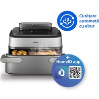 Friteuza cu aer cald Philips Megabasket NA565/02 Seria 5000, trecere de la 1 MegaBasket la 2 cosuri, capacitate totala 9.5L, Invelis ceramic premium, separator detasabil, 2750 W, 28 de moduri de gatit, curatare automata cu abur, argintiu-negru