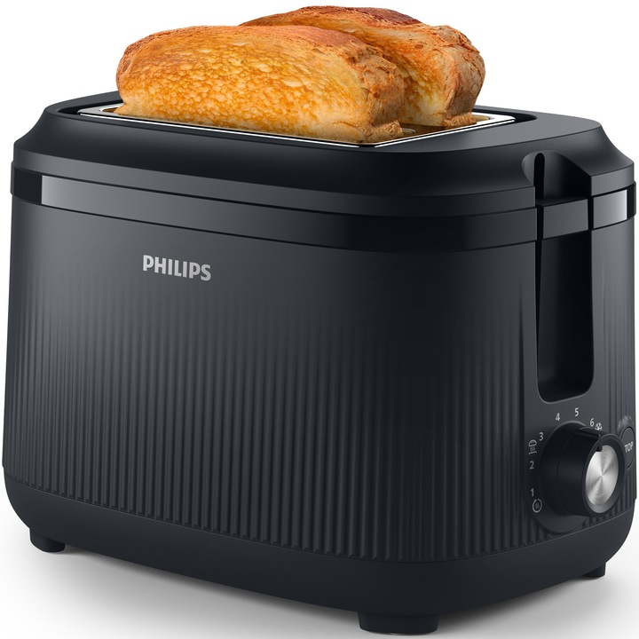 Prajitor de paine Philips HD2511/90 seria 3000, putere 900W, tavita de firmituri detasabila, 8 setari de prajire, 2 fante mari cu auto-centrare, maneta de ridicare inalta, gratar pentru incalzirea chiflelor, oprire automata, culoare: negru