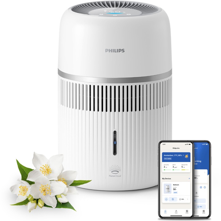 Овлажнител за въздух Philips HU4210/00 серия 4000, Хигиенично овлажняване чрез NanoCloud, Без бял прах или мокри следи, до 44 m2 с 300 ml/h, 3,5 л резервоар за вода, Ниска консумация на енергия, Ароматерапия, Съвместим с Air+, Бял