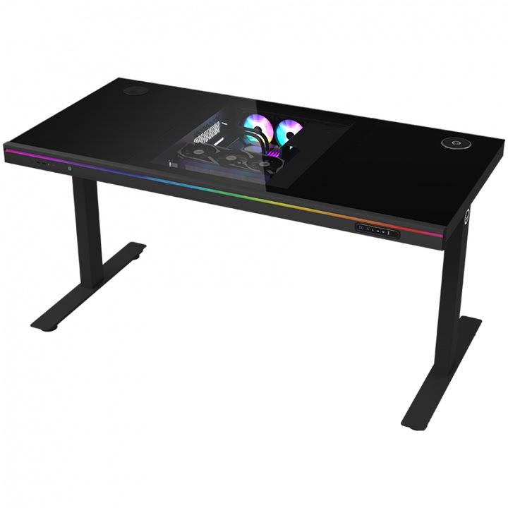 Birou gaming Lorgar DESK ELITE 90, sticlă călită, ajustare electrica înălțime 720-1160 mm, dimensiuni 1405x680 mm, încărcare wireless 15W, iluminare RGB
