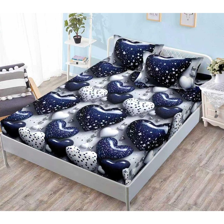 Cearceaf/Husa de pat cu elastic si doua fete de perne, Pucioasa, 3 Piese, Finet/Bumbac, Cearceaf cu elastic 180 x 200 cm, fata de perna 80x 52 cm, Model Inimioare, G-299