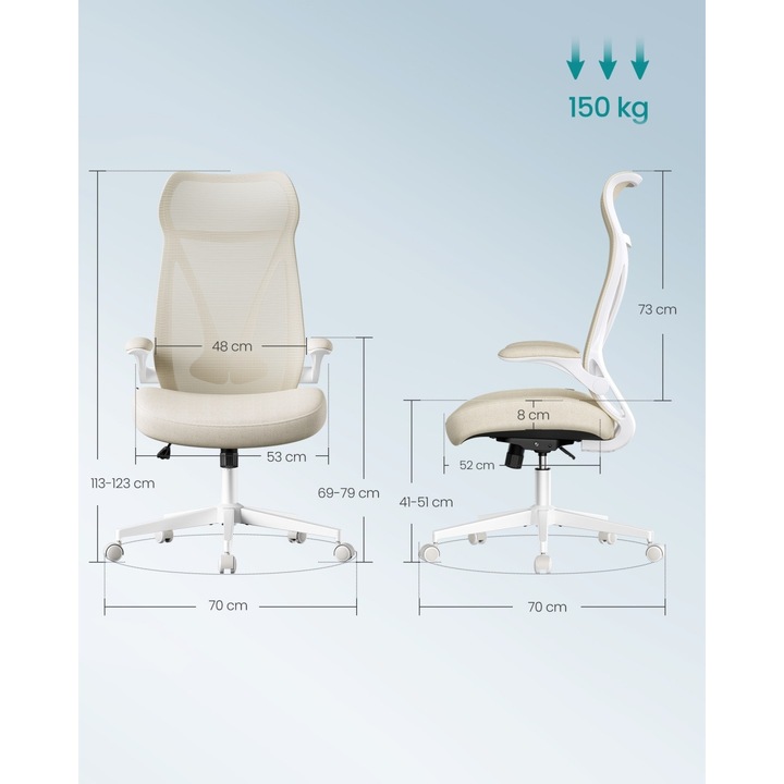 Scaun birou Songmics, ergonomic, bej cappuccino, 67x67x(113-121)cm, suport 150kg