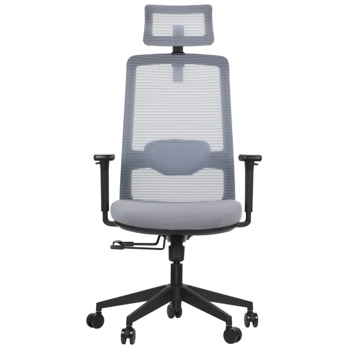 Ергономичен въртящ се стол за дома и офиса Stema WISTER, Регулируема облегалка за глава, Подлакътници, Седалка и лумбална опора, Найлонова основа, Сив