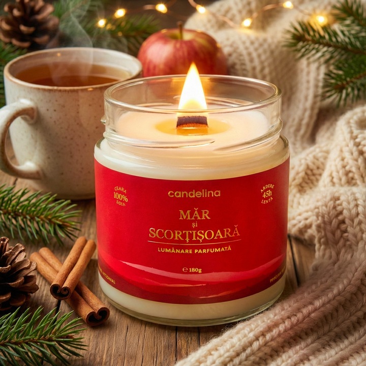 Lumanare parfumata din soia cu fitil lemn, Candelina, MAR SI SCORTISOARA, handmade, ceara naturala, ardere 45h, 180 g