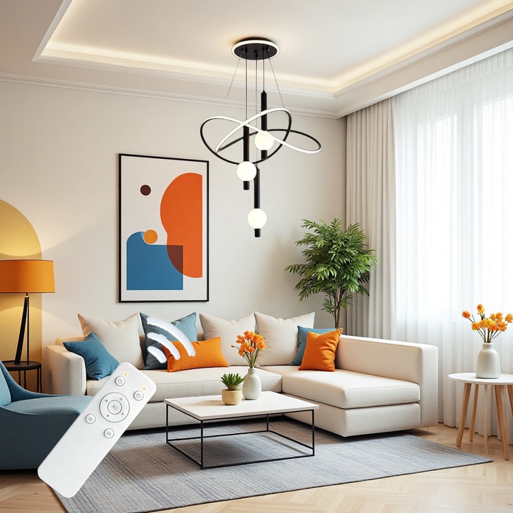 Candelabru LED modern, 3 capete in forma de acadea, material metalic + acrilic, 60 wati, trei culori luminoase reglabile, reglabile in inaltime, potrivite pentru dormitor, sufragerie, living; Negru