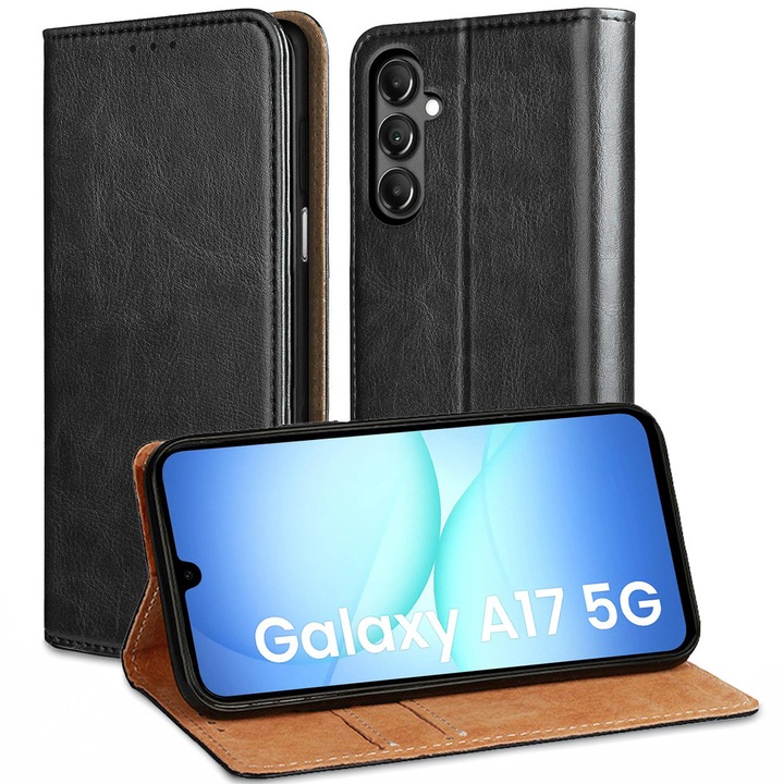 Husa telefon ERBORD pentru Samsung Galaxy A17 5G, piele naturala, suport, neagra