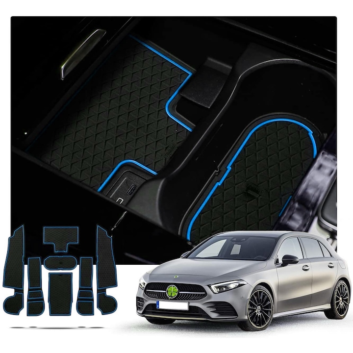 Covorase auto IGO Trade set 7 piese, cauciuc antiderapant, negru cu margine albastra, pentru Mercedes-Benz A-Class W177