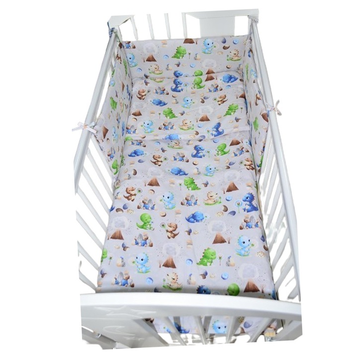 Set lenjerie de patut, din 3 piese, model cu dinozauri, pentru bebelusi, Belisima B0903D, Gri