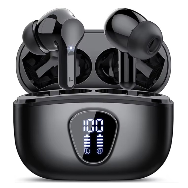 Casti Wireless BT5.3 HiFi Stereo cu Microfon cu Anulare a Zgomotului ENC, Durata de Viata 48H, Afisaj LED, Casti Rezistente la Apa IP7