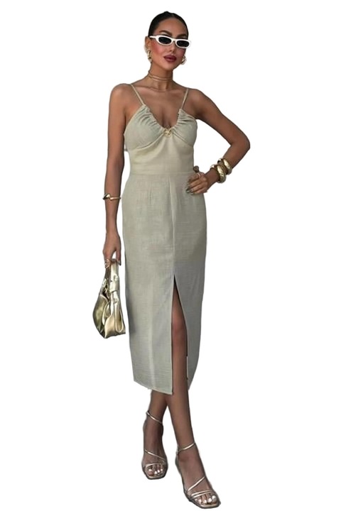 Rochie midi JANES cu decolteu in V si slit, Verde, bumbac, poliester, elastan