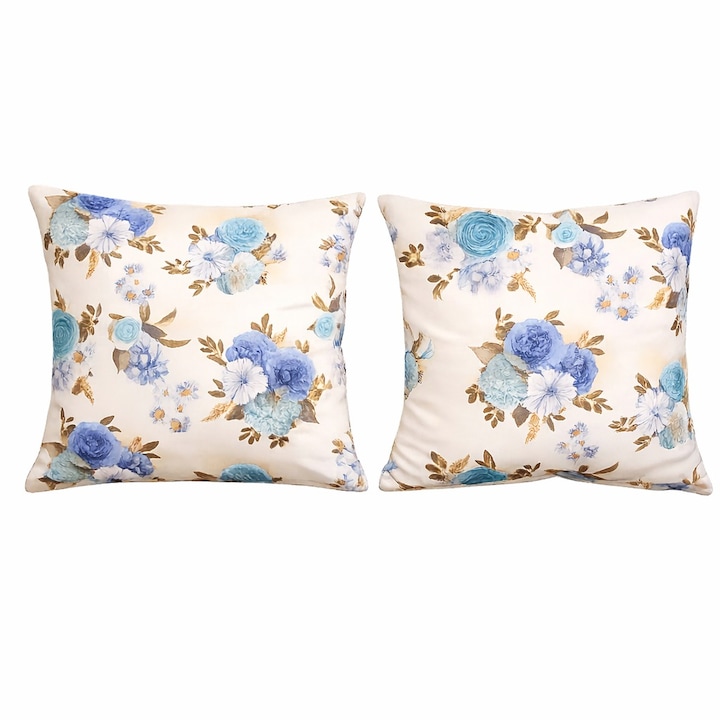 Set 2 buc perne decorative 45x45cm, Euro Mega, stofa print floral albastru, design elegant, fara fermoar