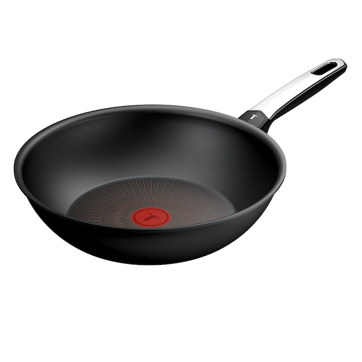 Tigaie wok Tefal Excellence, 28 cm, inductie, invelis antiaderent, indicator Thermo-Signal, aluminiu, negru