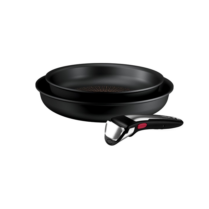 Set 3 piese Tefal Ingenio Excellence+, tigai de 22/26 cm, 1 maner detasabil, inductie, invelis antiaderent, indicator Thermo-Signal, tehnologie FUSION CORE, aluminiu, negru