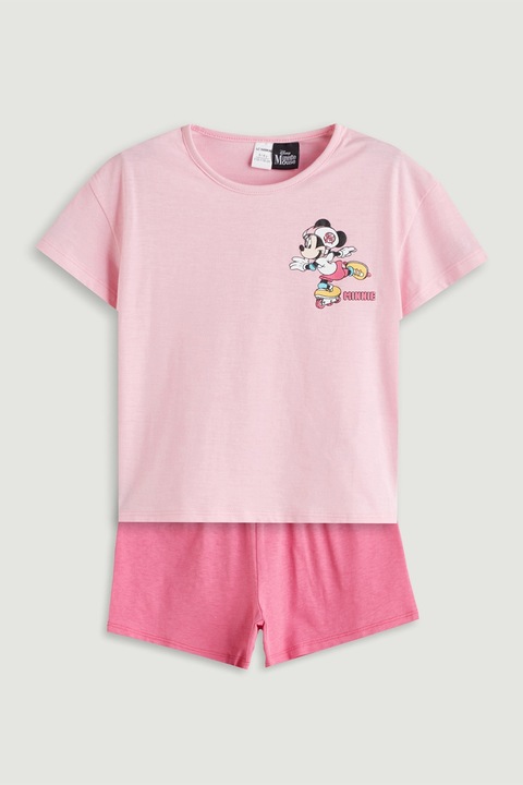 LC WAIKIKI, Set de tricou si pantaloni scurti din bumbac cu imprimeu cu Minnie Mouse - 2 piese, Fucsia/Roz pastel