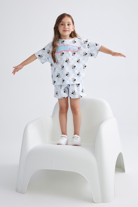 LC WAIKIKI, Pijama scurta din bumbac cu model cu Minnie Moiuse, Albastru pastel/Negru stins/Alb optic