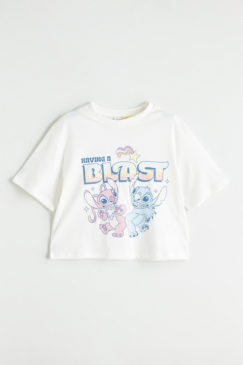 LC WAIKIKI, Tricou crop cu imprimeu cu Stitch And Angel, Albastru pastel/Alb murdar