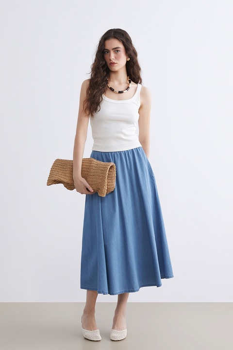 LC WAIKIKI, Fusta din material chambray cu talie elastica, Albastru lavanda