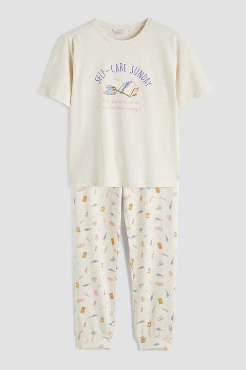 LC WAIKIKI, Pijama din amestec de bumbac cu imprimeu, Alb fildes/Roz pastel/Albastru indigo