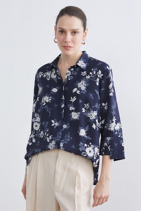 LC WAIKIKI, Camasa cu nasturi si imprimeu floral, Alb optic/Bleumarin