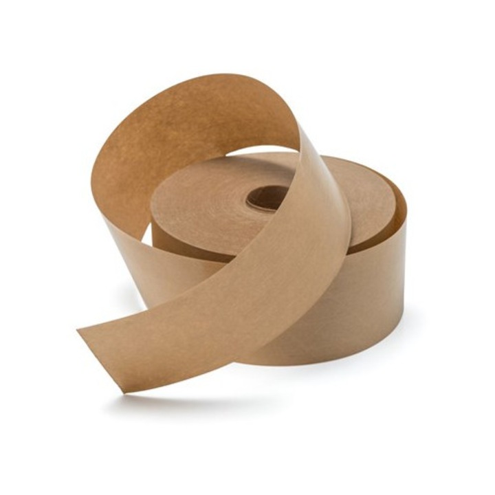 Banda adeziva gumata ranforsata NEOPAK, cu adeziv activat cu apa, din hartie Kraft, ranforsare transversala, 70 mm, 150 m, Maro