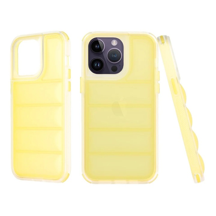 Husa pentru iPhone 14 Pro, anti soc, margini ridicate, design modern, set cu sticker, wave shield, Galben
