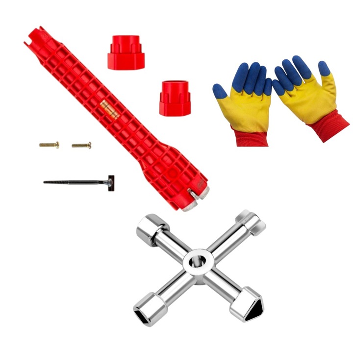 Cheie multifunctionala 4 in 1, 72x72 mm, aliaj zinc, cu Cheie multifunctionala 8 in1, pentru instalatii sanitare si robine si Set manusi protectie