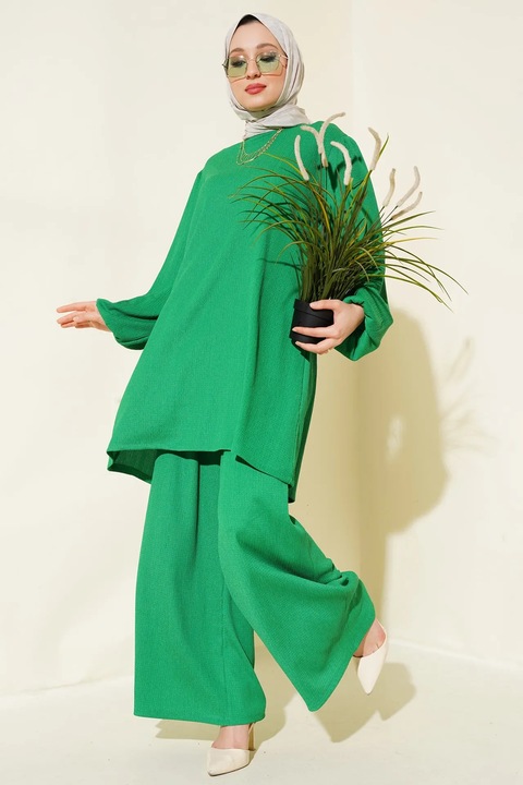 Compleu dama, Big Dart, set, tunica texturata cu maneca lunga si pantaloni cu picior larg, verde, poliester si lycra