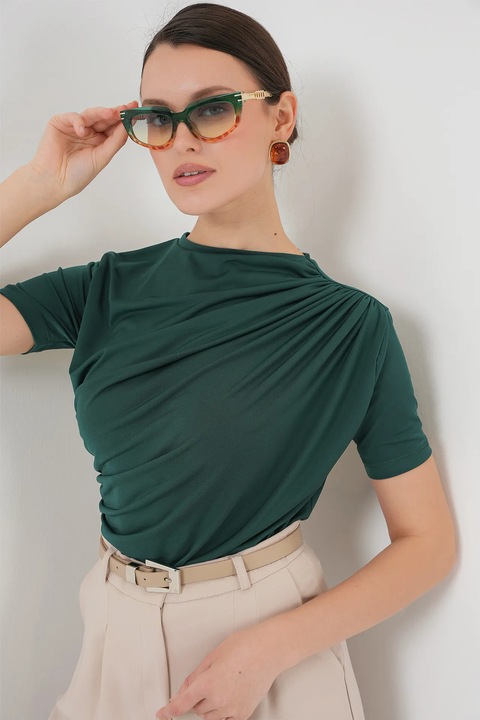 Bluza dama, Big Dart, ajustata, guler rotund, detalii cu volane, verde smarald, jerseu, S INTL