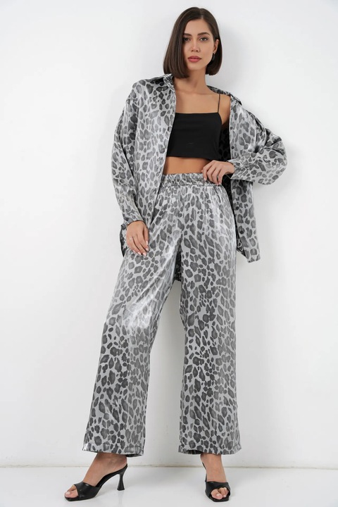 Set Compleu BDART, camasa lunga cu nasturi si pantaloni cu picior larg, gri, textil