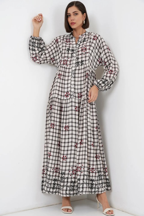 Rochie maxi Big Dart, imprimata, decolteu in V, gri, inchidere cu nasturi