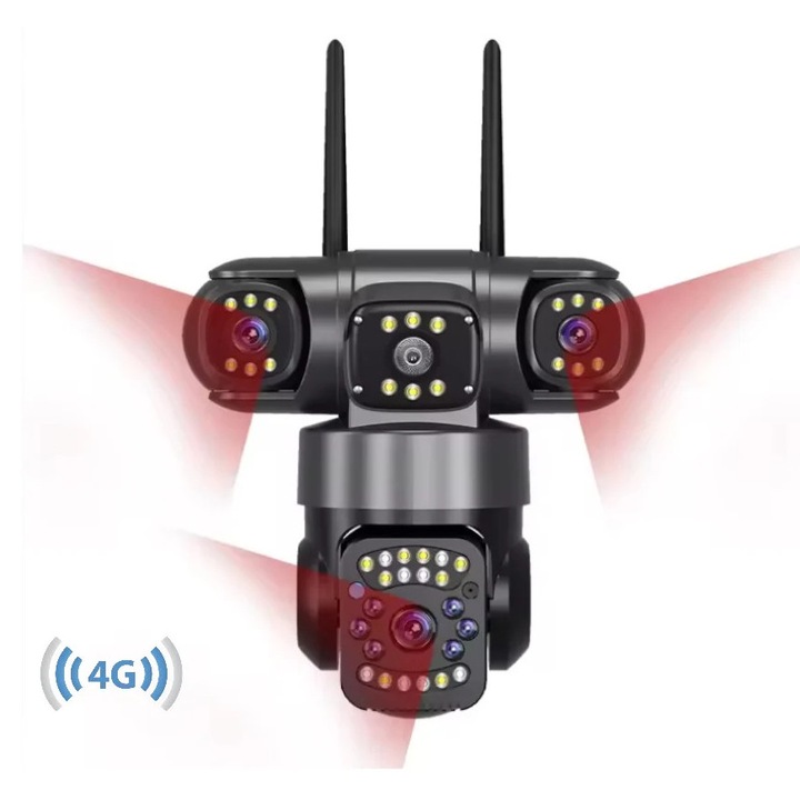 4G Камера за наблюдение със SIM карта, 9MP, 3 камери, въртене на 360°, 10X цифрово увеличение, детекция на движение, двупосочна комуникация, LED прожектор, нощно виждане, IP66 защита