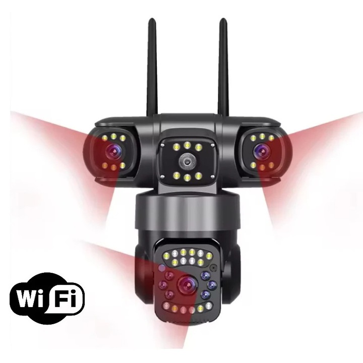 WiFi Камера за Наблюдение, 9MP, 3 Камери, Въртене на 360°, 10X Цифрово Увеличение, Откриване на Движение, Двупосочна Комуникация, LED Прожектор, Нощно Виждане, IP66 Защита