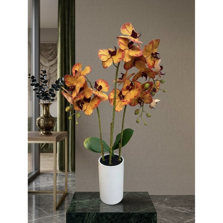 Orhidee Artificiala Premium 72 cm, Aspect 100% Natural Real Touch, 3 Tije, Ghiveci Ceramic Alb, Portocaliu-Burgund