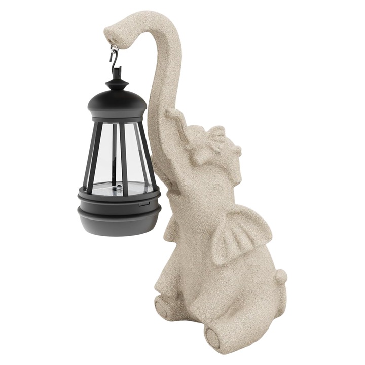 Figurina Elefant cu Iluminare Solara, Bej Natural, Sculptura Rezistenta la Intemperii, Decorativa pentru Gradina