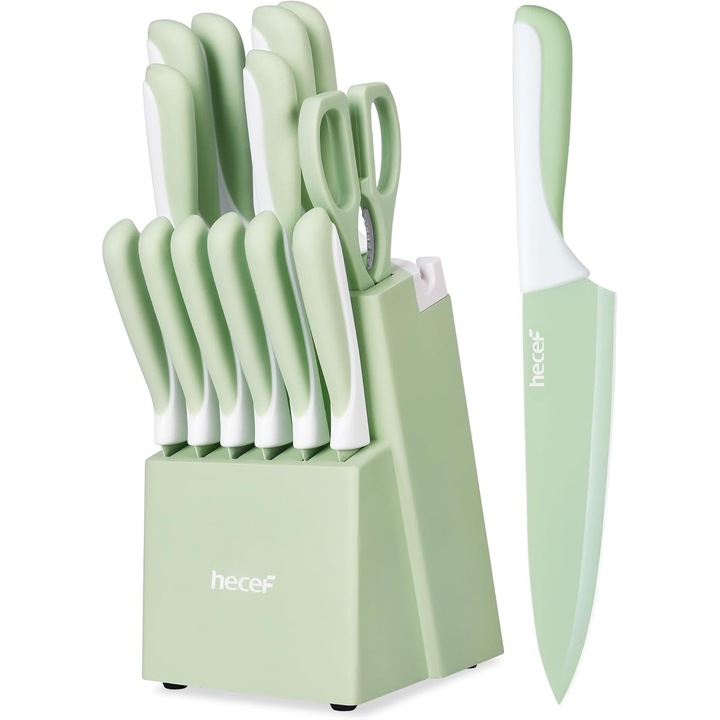 Set Cutite Bucatarie Hecef 14 Piese cu Bloc Integrat si Ascutitor, Lame Otel Inoxidabil cu Strat Antiaderent Verde, Cutite Chef, Santoku, Utility, Foarfeca si 6 Cutite Multifunctionale