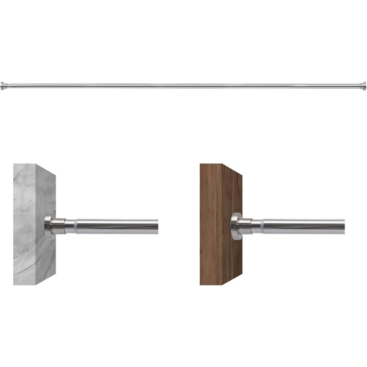 Galerie Perdea Telescopica Argintie 76-210 cm, Otel Inox, Montare Fara Gaurire, Set 6 Elemente