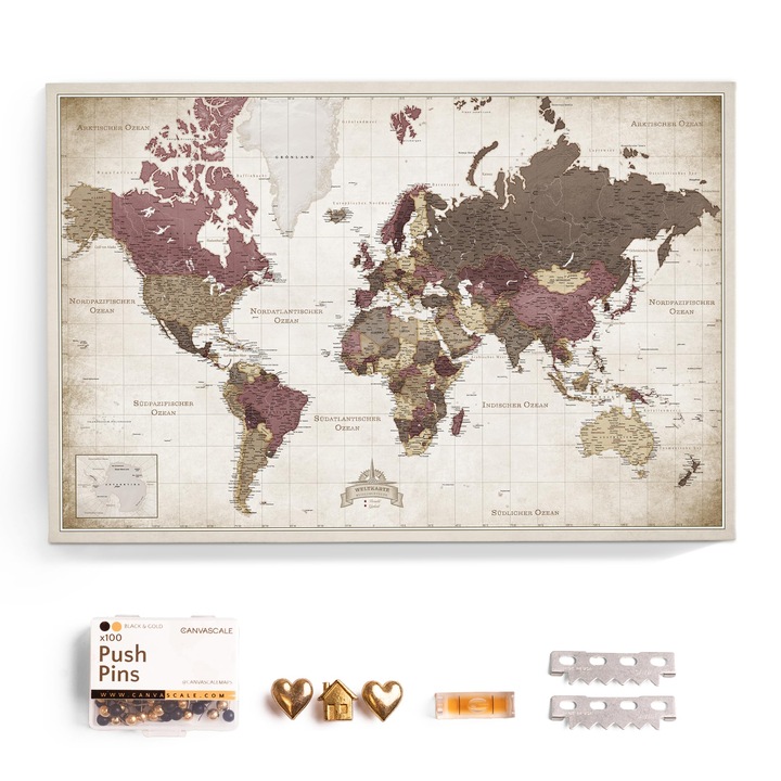 Tablou Harta Lumii CANVASCALE, 90x60cm, panza de bumbac si pluta, finisaj mat, decoratiune multifunctionala