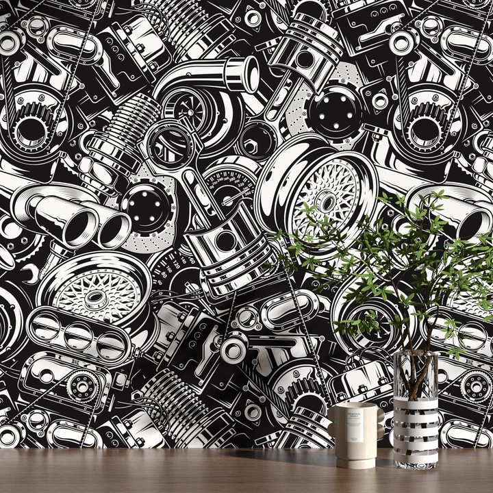 Tapet Autoadeziv pentru Camera Copilului, Grafica Auto Alb-Negru, 44.5cm x 7m, Vinil Lavabil