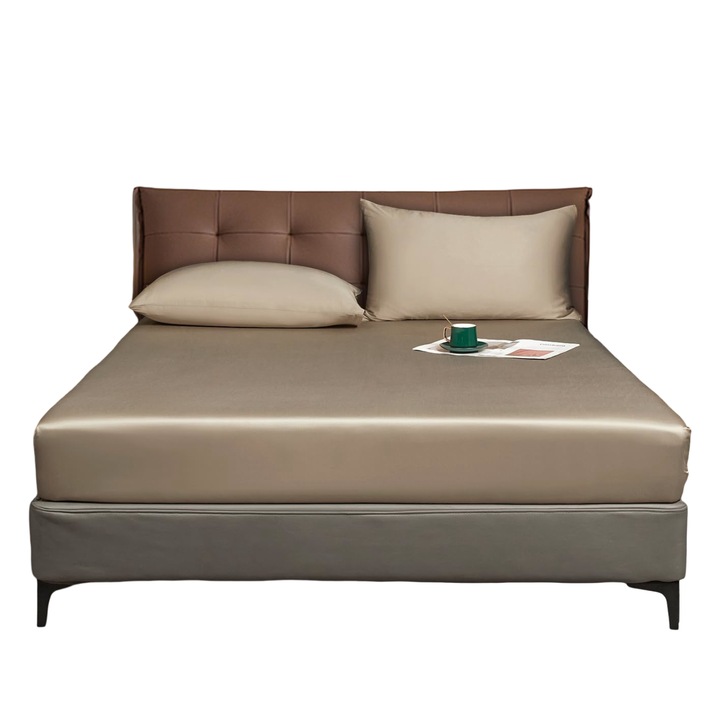 Луофанфей Сатенено спално бельо, 200x200см, кафяв цвят, дълбочина 30см, с ластик по целия периметър