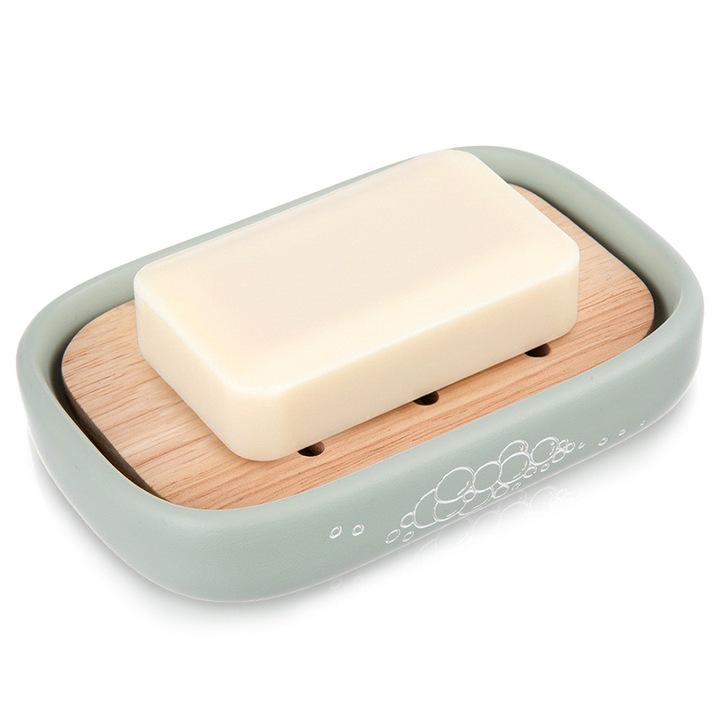 Suport pentru sapun Artemis, Greenish, 13x9x2cm, culoare mint, din piatra sintetica si bambus