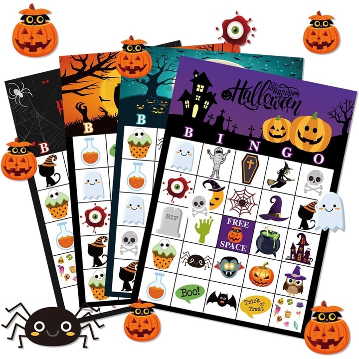 Комплект бинго за Хелоуин за деца, 36 карти, приятелска тематика, от издръжлив картон