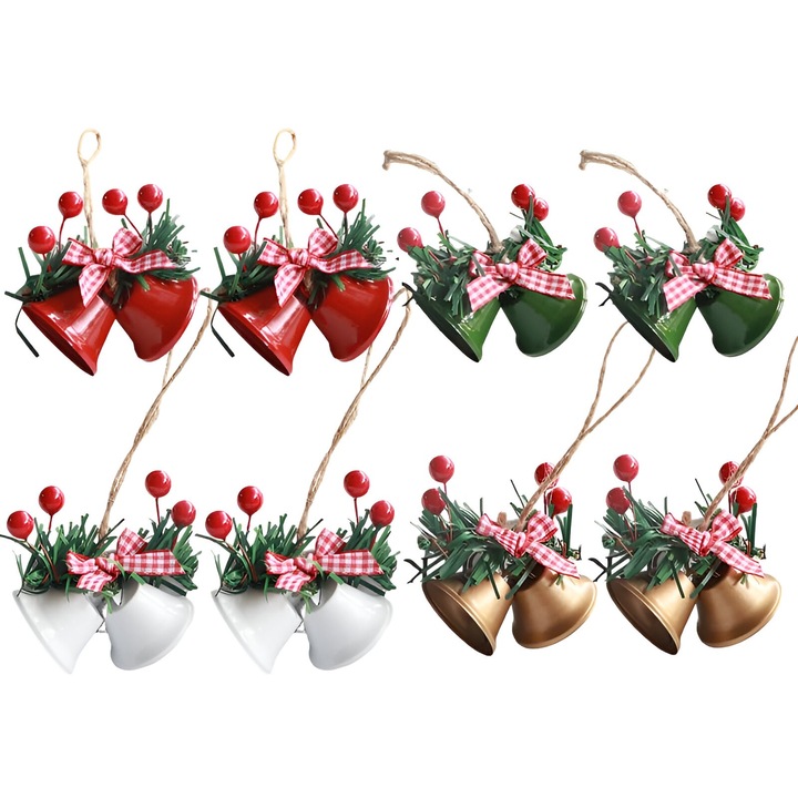Set 8 clopotei decorativi de Craciun, 4 culori, 7 cm
